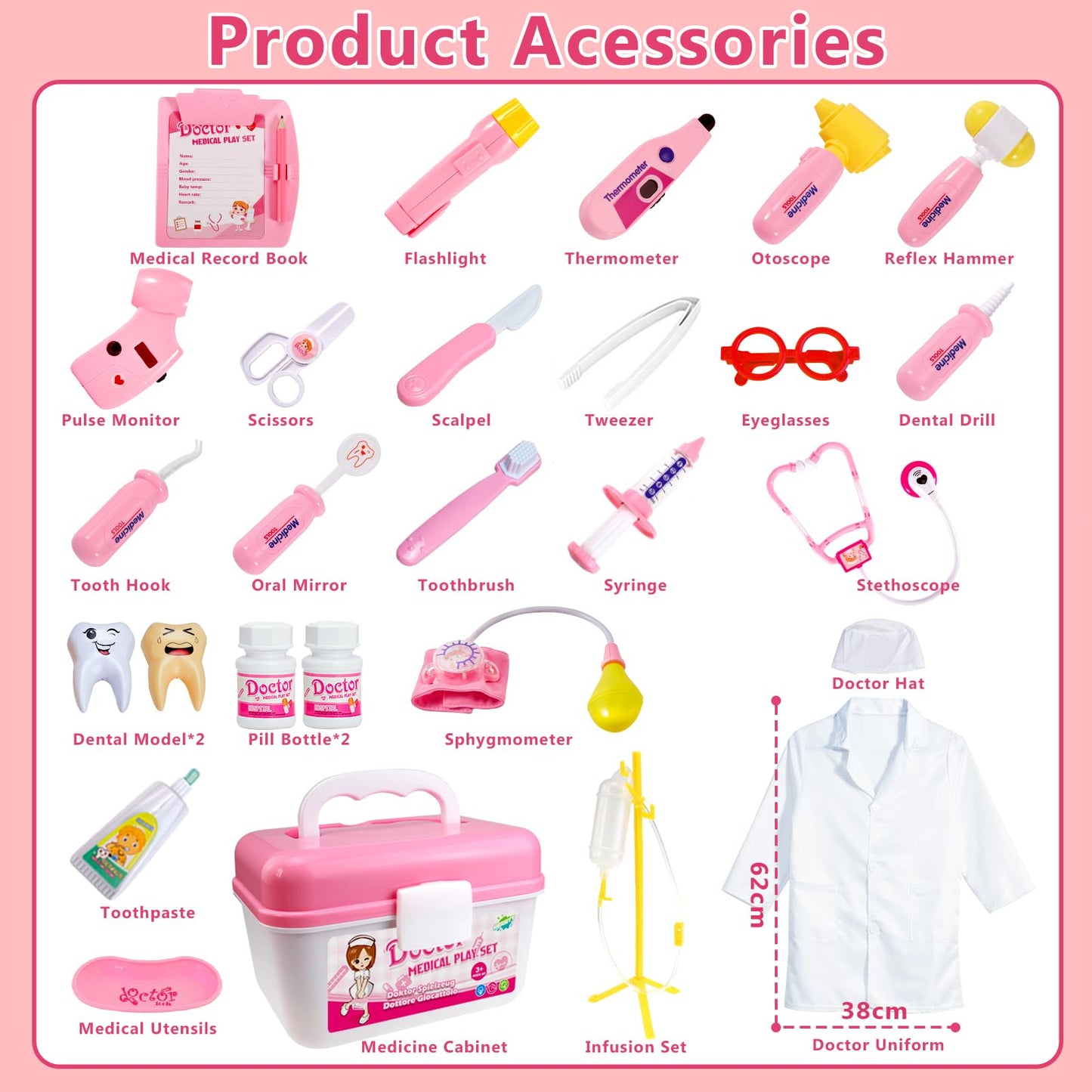 HERSITY Kids Doctors Kit Toy Medical Playset Nurses Costume Role Play Dentist Set with Carry Case Gifts for 3 4 5 6 Years Old Girls