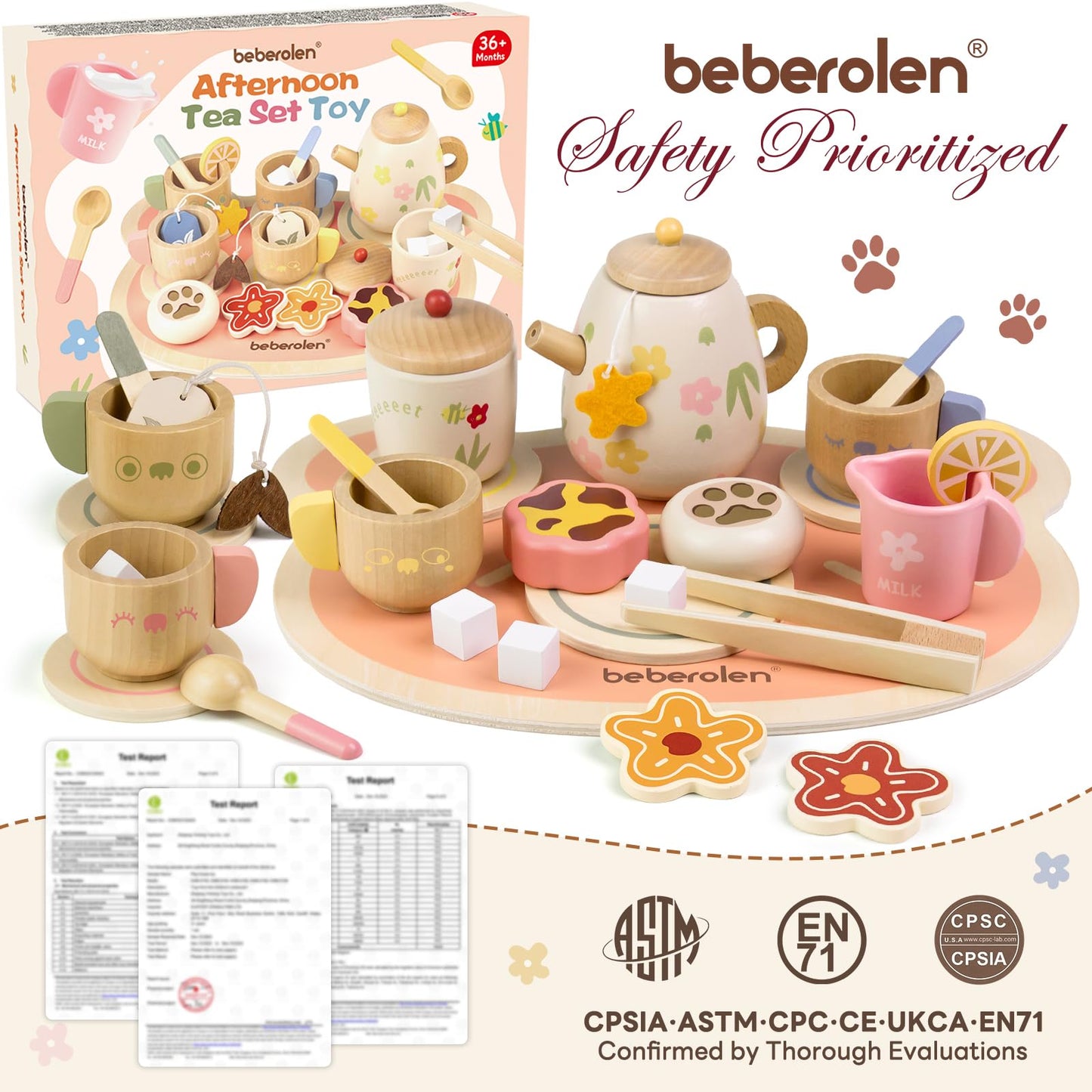 Beberolen Tea Party Set for Toddlers 3-5 Girls Boy Birthday Gift Pretend Play Food Wooden Picnic Outdoor Toys Kids Age 2 3 4 5 6 Educational Wood Toy