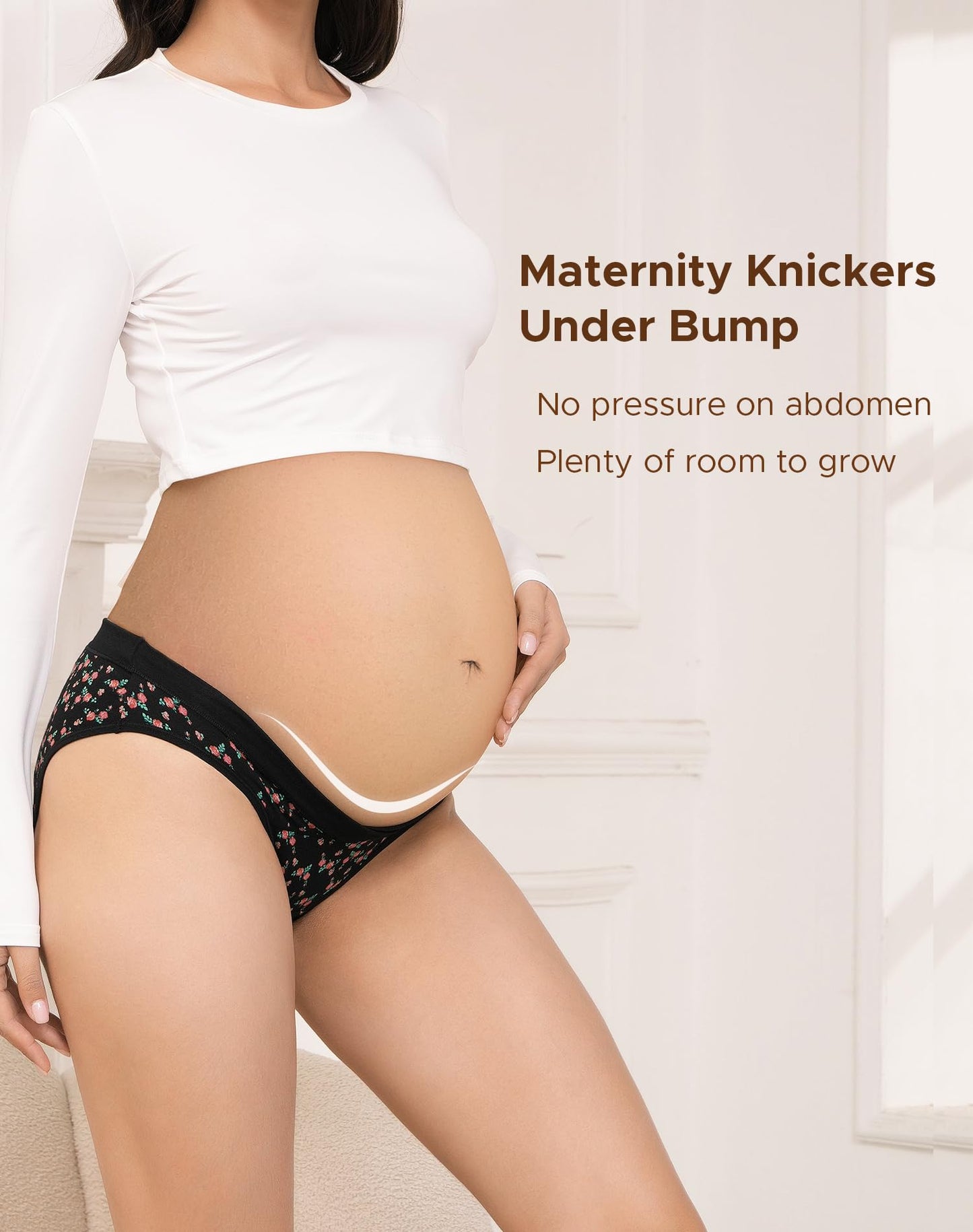 INNERSY Maternity Knickers Under Bump Cotton Pregnancy Underwear Low Cut Pants After Birth 5 Pack (10, Black/Navy Blue/Burgundy/Green/Rose Print)