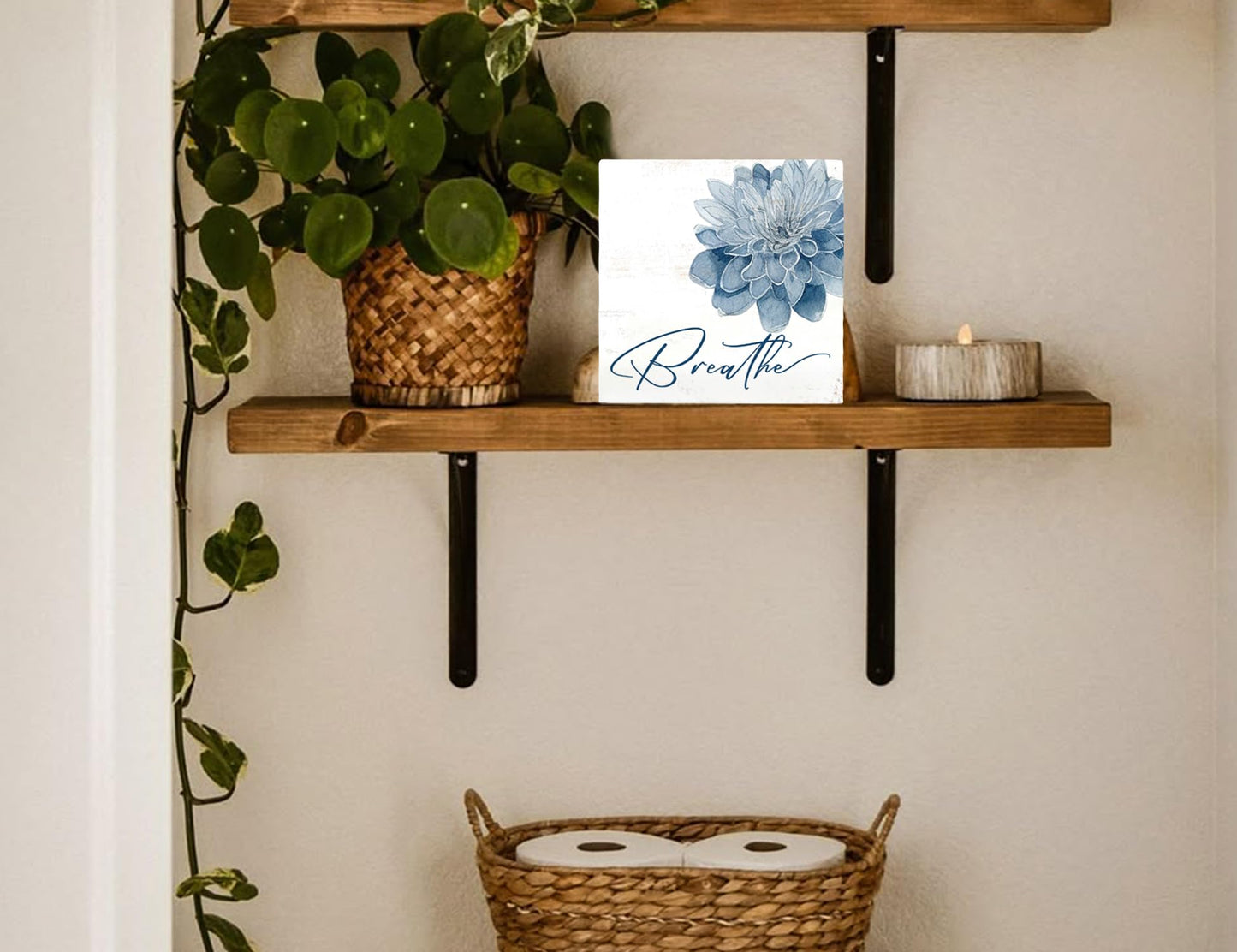 Mtrgdn Blue Bathroom Decor,Spa Bathroom Decor and Accessories,Breathe Blue Flower Wooden Box Sig for Home Spa Room Beauty Salon Decoration,5X5 Inch