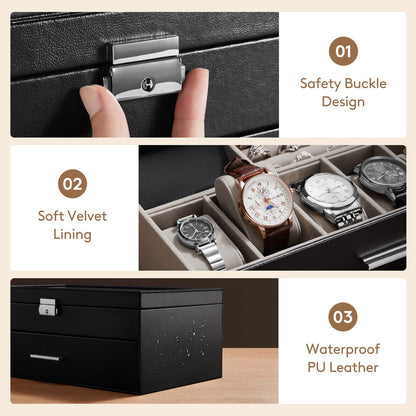 Lifewit 2- layer Sunglasses Organizer with Glass Lid, 6 Slots eyeswear and Watch box, Spaces for Rings, Brooch, Multiple Eyeglasses Display Case for Men, Inky Black, 35 x 20 x 13 cm/14 x 8 x 5 inch