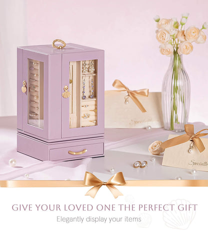 Enthralite Jewelry Box Large for Dresser: Women Necklace Ring Storage Organizer with Compartments - Elegant Earring Holder Display - 360° Rotating Jewelry Organizer with Glass Door