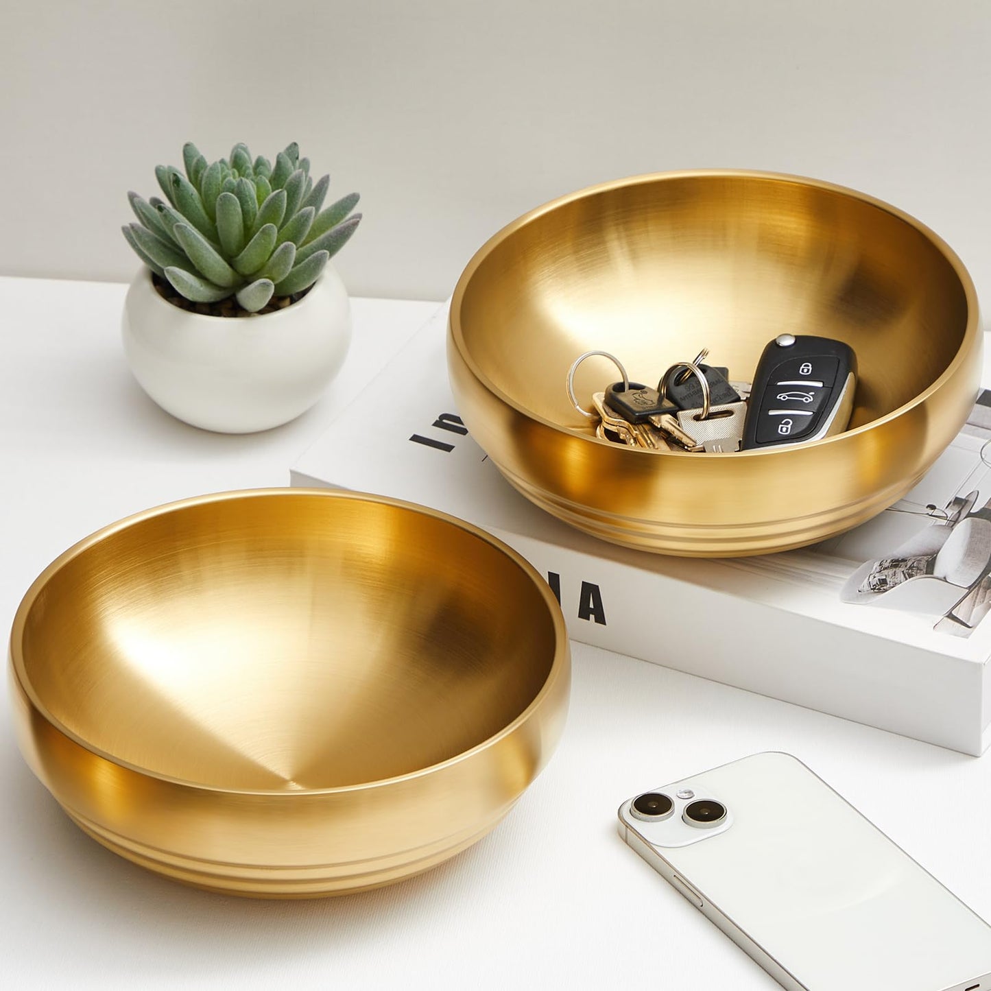 Teenyyou 2 Pcs 7.4 Inch Key Bowl Gold Large Decorative Bowl, Gold Fruit Dish for Entryway Table Key Holder Coffee Tables Centerpiece of Kitchen Counter and Home Decoration Gift