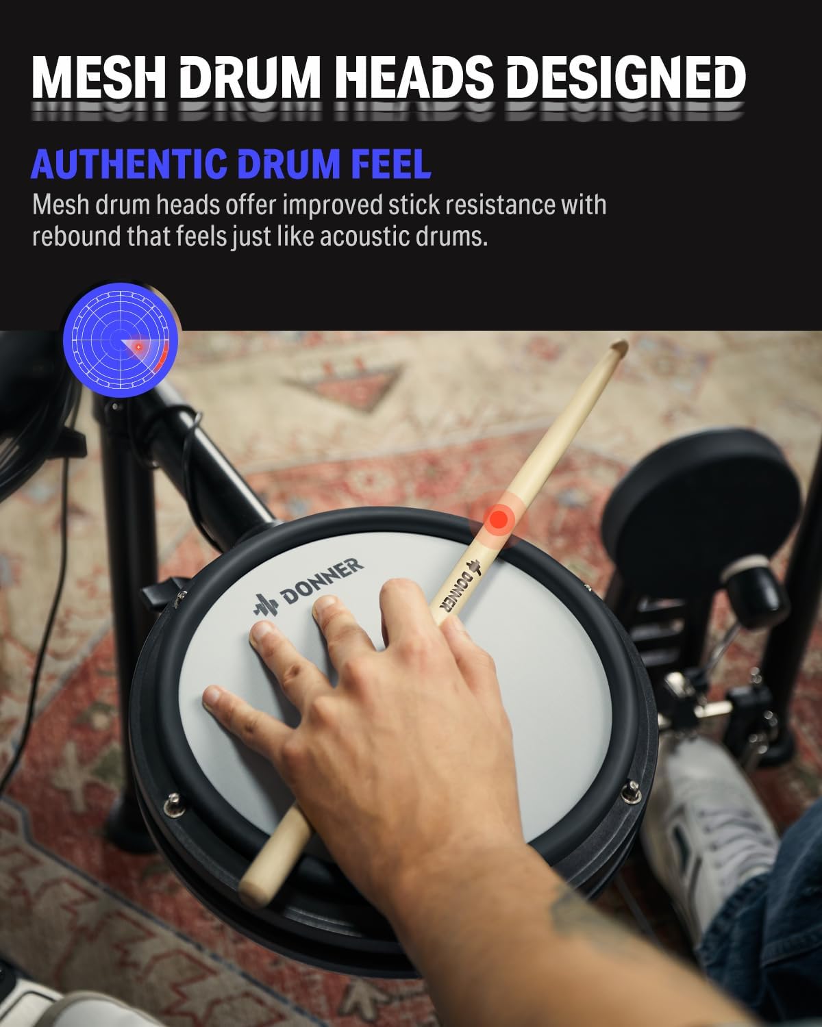 Donner DED-200X Electronic Drum Set, Electric Drum Kit with Quiet Mesh Drum Pads, 2 Cymbals w/Choke, 31 Kits and 450+ Sounds, Throne, Headphones, Sticks, USB MIDI, Melodics Lessons (5 Pads, 4 Cymbals)
