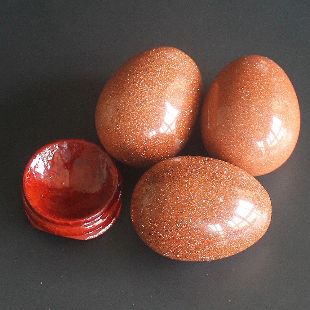 40x30mm Mixed Quartz Gemstone Crystal Egg with Wood Stand Home Decor Chakra Stone Reiki Healing (Goldstone)