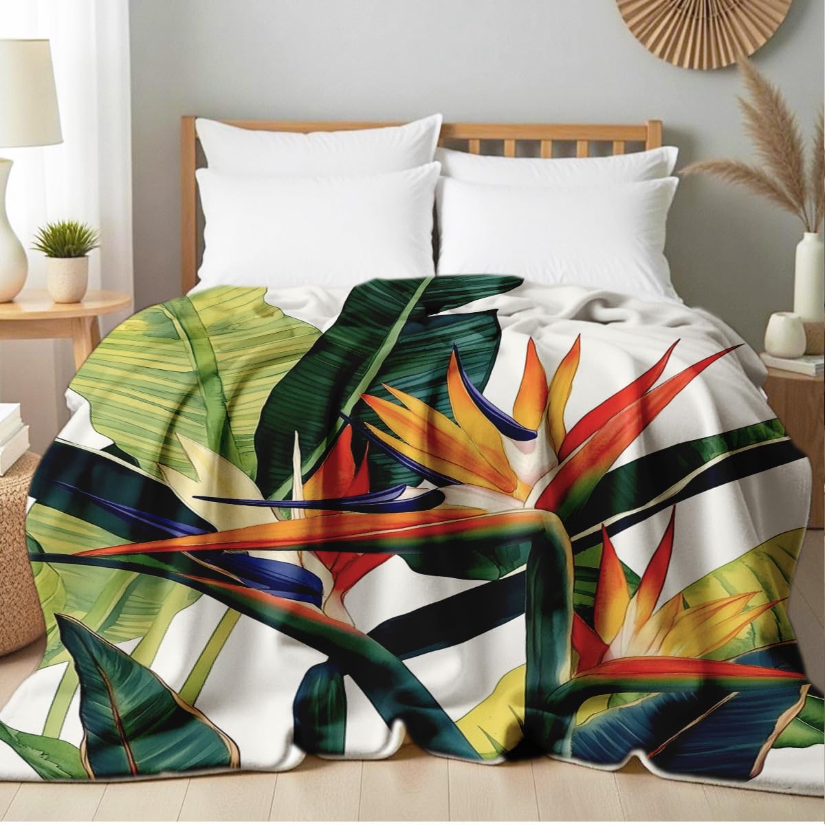 HUNXIAOJ Paradise Throw Blanket Birds Tropical Flowers Print Throw Floral Flannel Blanket for Sofa Bed Couch Office Home Decor Nature Botanical Lovers Gifts (59"x78")