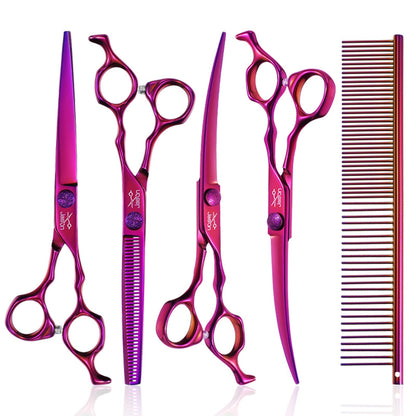 JASON Purple 6 in 1 Dog Grooming Scissors Set - Professional Thinner Set - 7" Thinning, Straight, Up-Curved, Down-Curved Scissors and Comb for Dog Cat Pet with Adjustable Screw