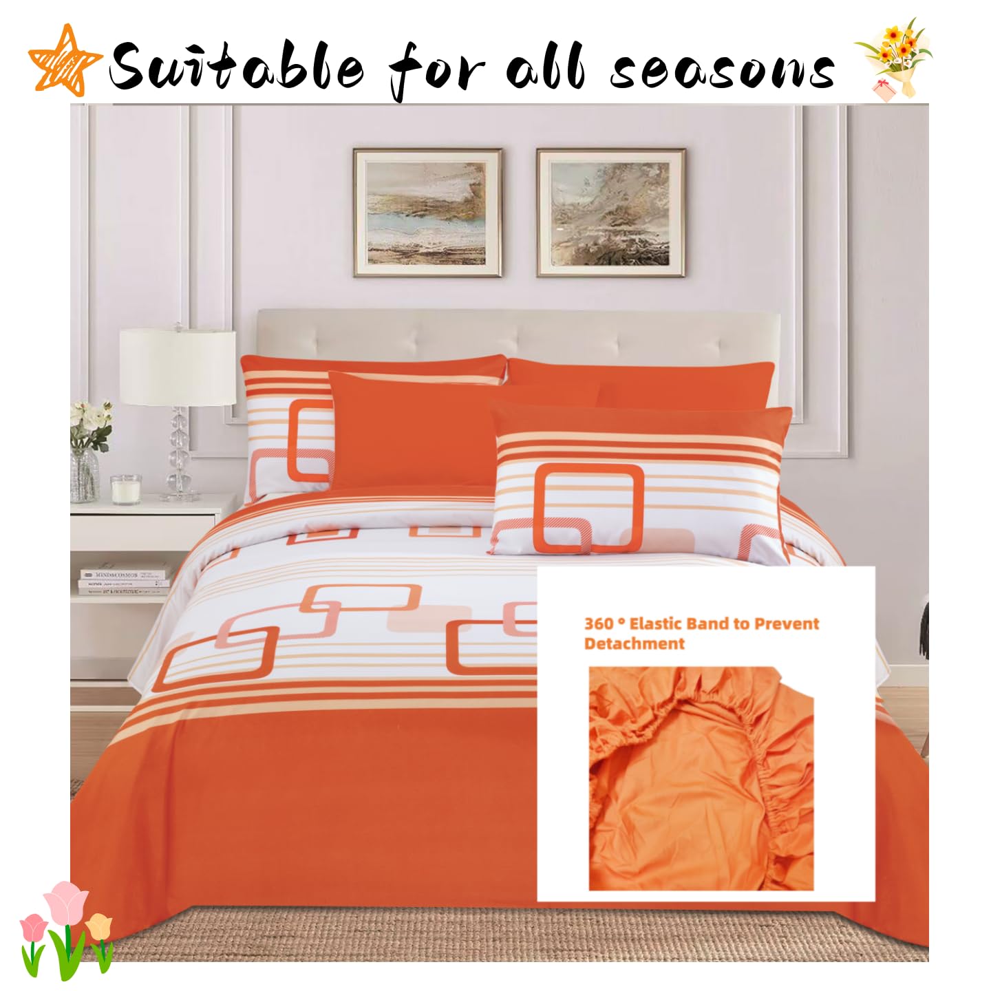 6Pcs Bed Sheet Set Queen Size, Orange White Geometric Soft Microfiber Bedding Sets with 1 Square Rectangle Patterned Sheet 1 Deep Pocket Fitted Sheet and 4 Pillowcases