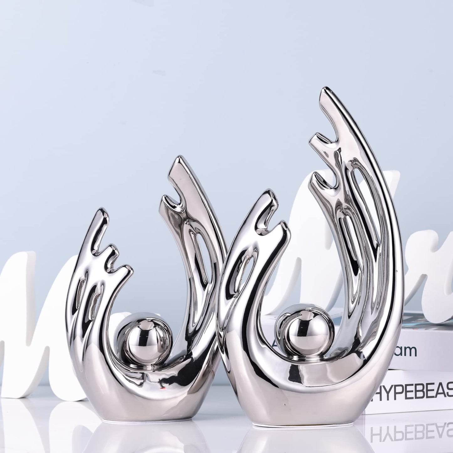XMGZQ Silver Abstract Art Ceramic Statue Sculpture,Silver Home Modern Centerpiece Dinner Table, Kitchen, Bathroom Mantelpiece Coffee Table Office Aesthetic Decoration Silver Ceramic Statue Decor