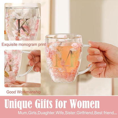 Personalized Gifts for Women Flower Glass Coffee Mug Initial Tea cup Mother's Day Gifts for Mom Monogrammed Customized Bridesmaid Bride Wedding Gifts Graduation Valentines Birthday Christmas Gift(M)