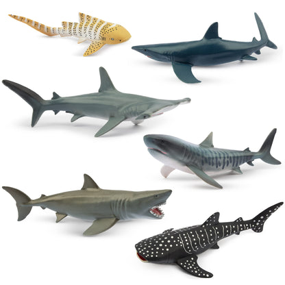 toymany 6PCS 12-14CM Realistic Shark Bath Toy Figurines, Plastic Ocean Sea Animals Figures Set Includes Whale, Tiger, Great White Shark, Cake Toppers Christmas Birthday Gift for Kids Toddlers