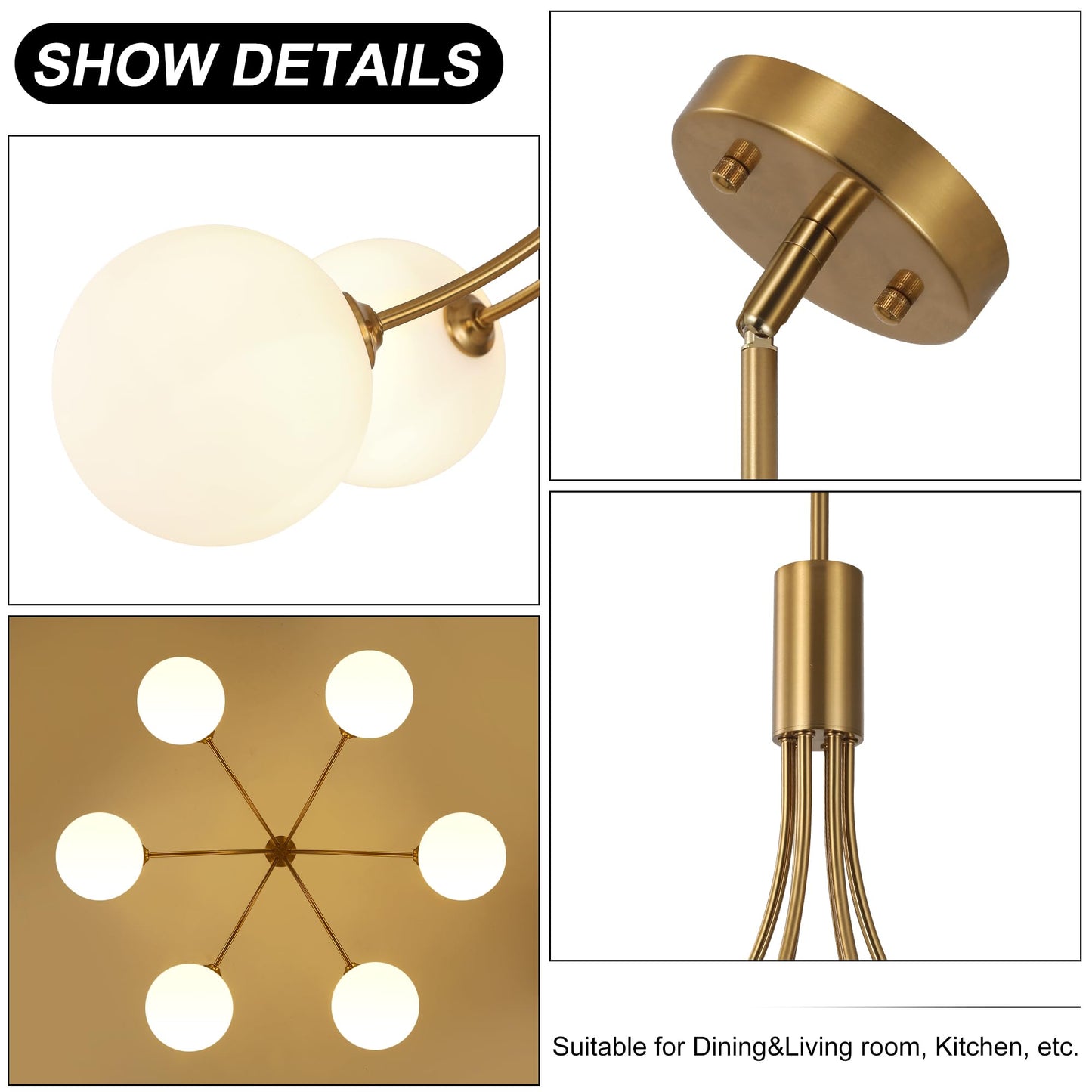 CNRATYE 6-Light Modern Farmhouse Gold Chandeliers for Dining Room Light Fixture, Mid Century Hanging Sputnik Chandelier for Living Room Kitchen Island Bedroom Foyer, Milk White Globe Glass Shade