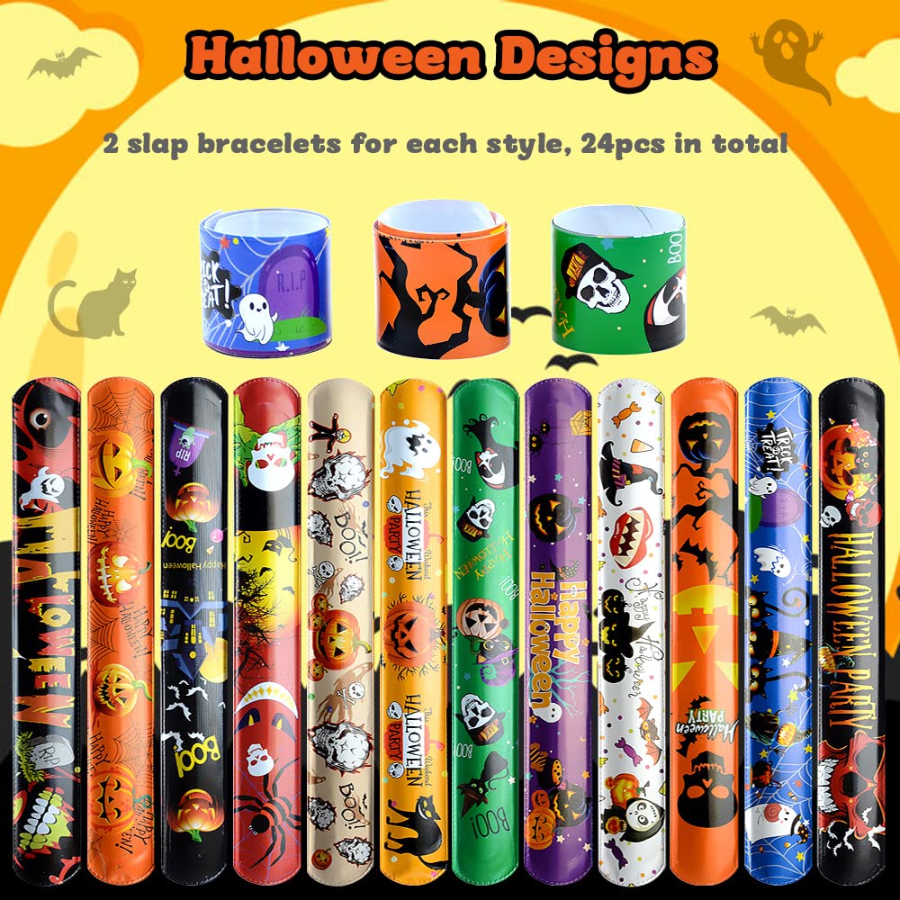 VKTEN 48Pcs Halloween Party Favors Halloween Slap Bracelets Rubber Wristbands Assorted Gifts for Kids - Trick or Treat Toys, Halloween Bag Stuffers Goody Bag Fillers Classroom Prizes