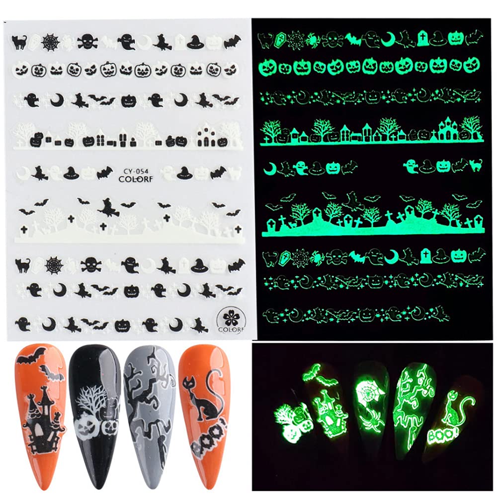 Luminous Nail Stickers - 3D Halloween Nail Art Designs - Skull, Ghost, Pumpkin, Spider, Bat Decals - Self-Adhesive, 6 Sheets