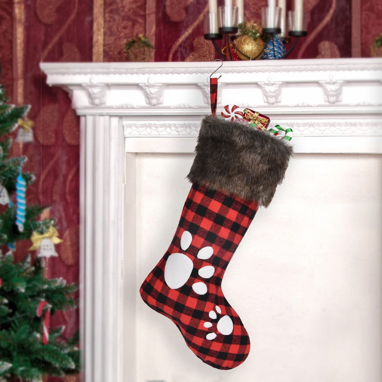 WORLDECO Christmas Stocking 2025 Ornaments, Handmade Dog Footprints Pattern Sock with Faux Fur, Xmas Winter Party Decorations Gifts, Santa Plush Decor, 20 inch, Red