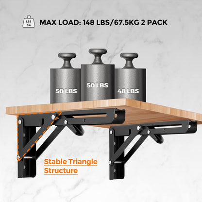 Ravinte 10 Inch Folding Shelf Brackets - Matte Black Collapsible Heavy Duty Brackets for Table Bench - Space Saving, 2 Pack ﻿