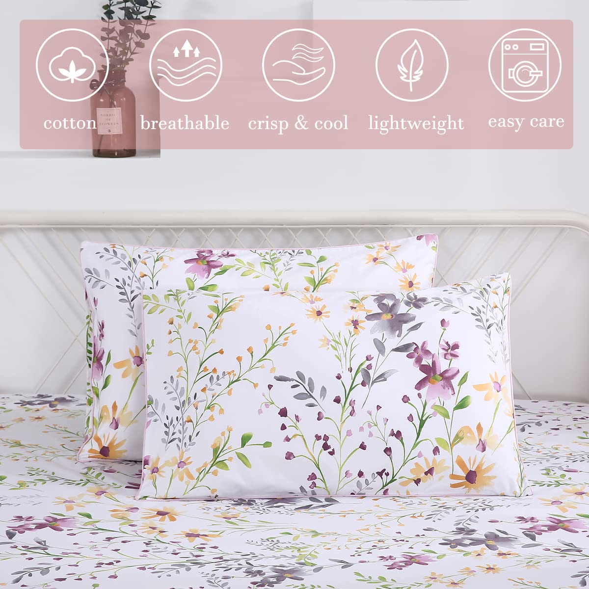 URBONUR Garden Floral Sheets Set 4-Pieces Egyptian Cotton Luxurious Bedding Sheet Set Soft Silky Crisp Percale Sheets Shabby Chic Flowers Bed Linen Set (4Pcs, Queen Size)