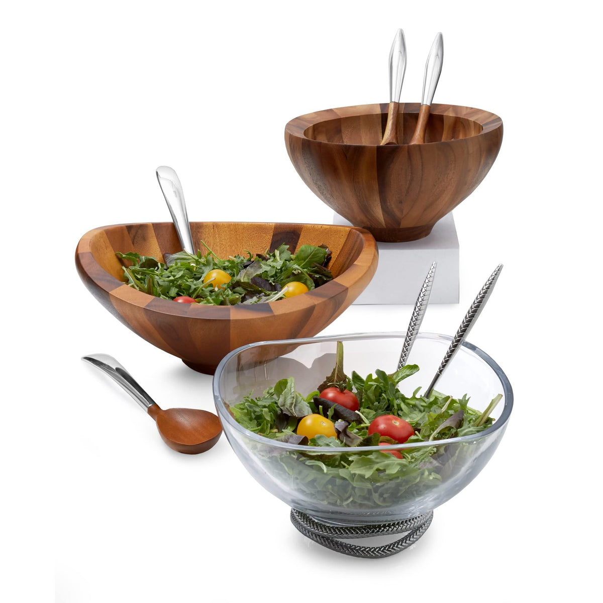 Nambe Yaro Acacia Wood Salad Bowl with 2 Salad Servers | Made of Acacia wood Alloy | Large Deep Wooden Bowls | Acacia Wood Salad Bowl Set | Designed by Sean O’hara