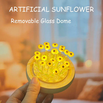 Sewinde Unique Sunflower Mothers Day Gifts for Mom, Sunflowers Night Light Small Glass Flower Lamp with Wooden Base for Home Decor,Cute Birthday Gift for Woman Girlfriend Sister Grandma Wife Her