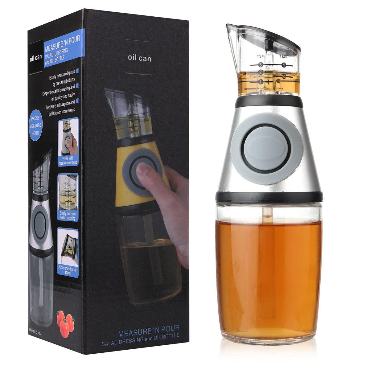 erduoduo Glass Oil Bottle, 8.5 Oz Wide Mouth Kitchen Oil Dispenser with Measuring, for Cooking, Baking, Frying, Salads, BBQ, Picnics
