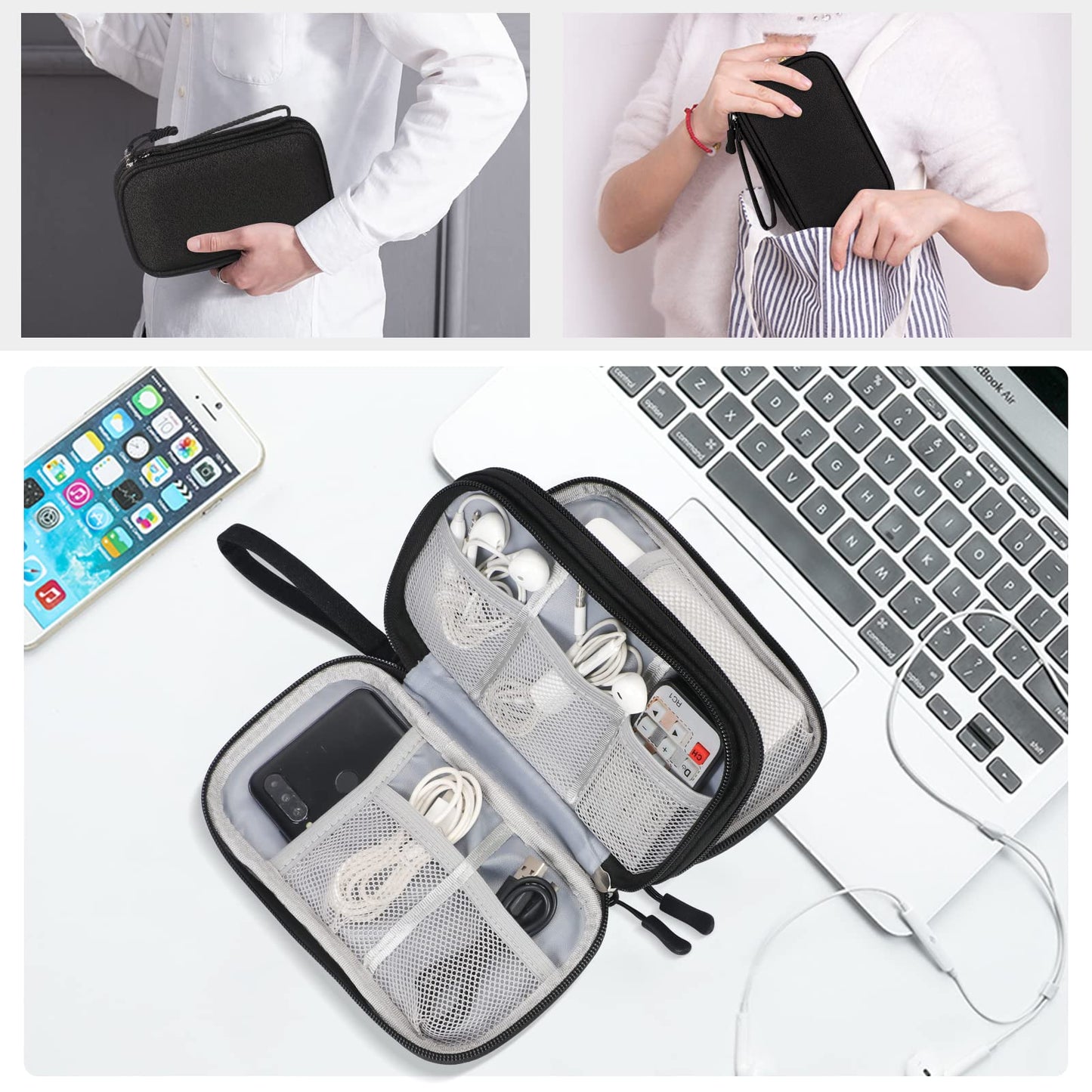Simpolor Cable Organiser Bag, Double-Layer Electronics Accessories Bag Organiser for Cables, Universal Carry Travel Gadget Bag for Cables, Power Bank, USB Drive, Charger Hard Disk - Black