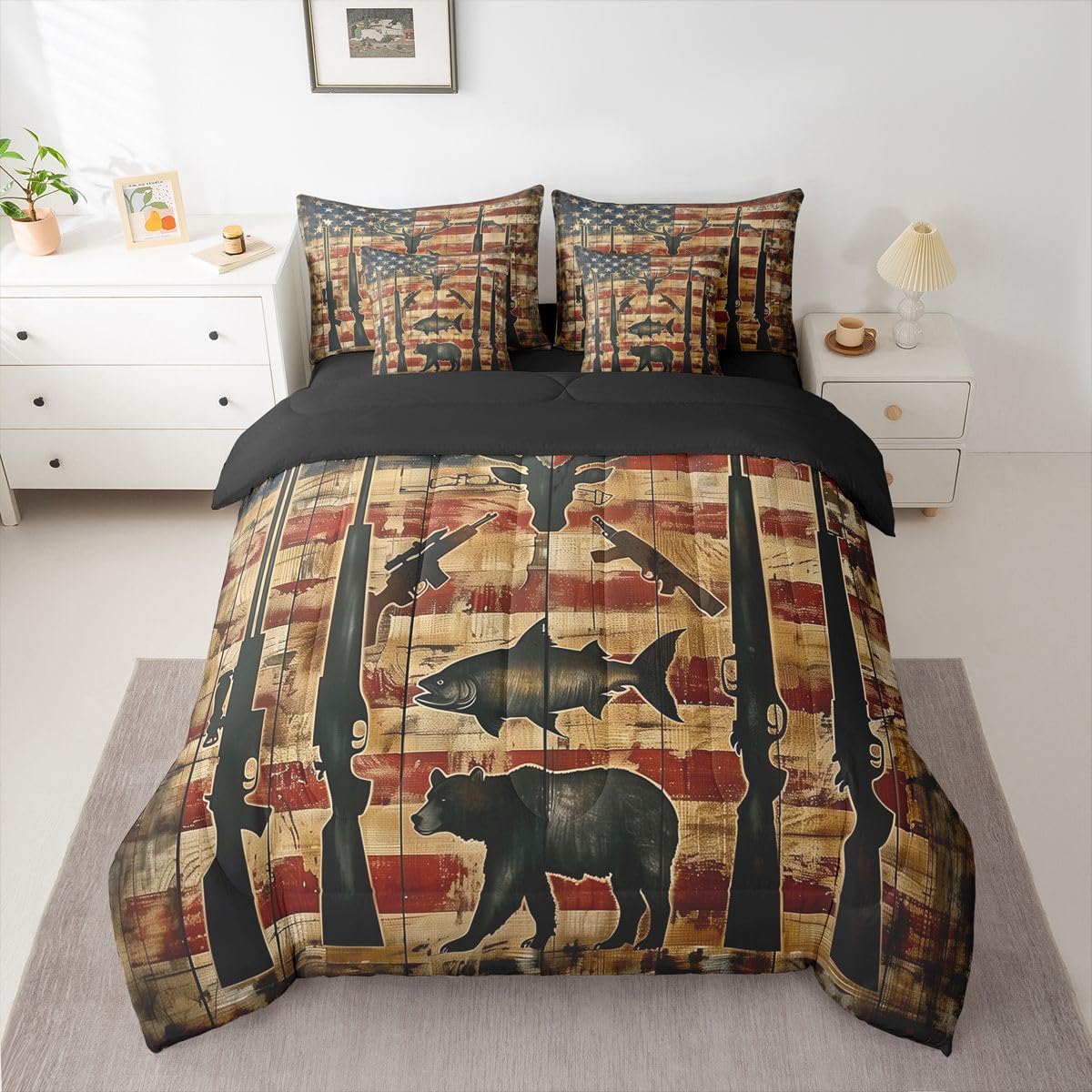 Erosebridal Shotgun 7 Piece Bedding Set Queen American Flag Comforter Set with Sheets Bear Bass Deer Head Hunting Theme Bed in a Bag Board Stars Print Red Blue for Teens Men Women