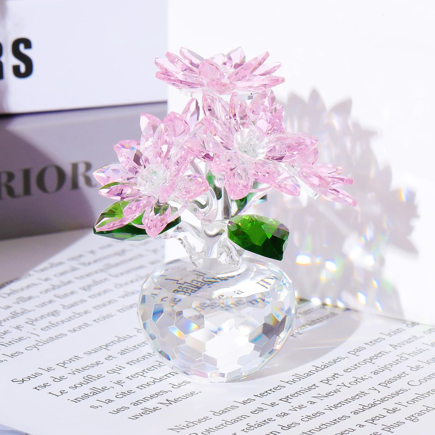 YWHL Pink Crystal Flower Figurine Decor with Stand, Handmade Glass Flower Gifts for Women, Beautiful Art Collectible Statue for Home Table Centerpiece（Pink