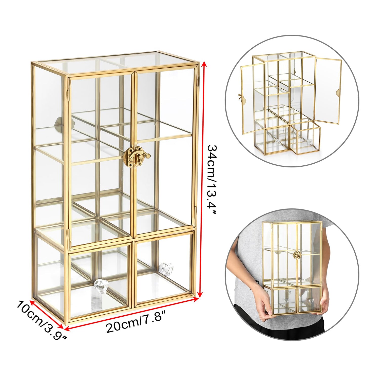 ELLDOO Clear Glass Storage Box with 2 Drawer, Gold Mirrored Jewelry Makeup Display Organizer Case, Decorative Tower Box Storage for Trinket Perfume Lipstick Figure Statue Toy Display