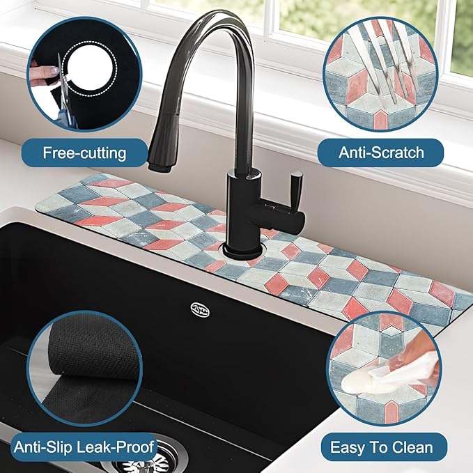 Red Gray Tile Kitchen Sink Splash Guard Faucet Mat Red White Diamond Super