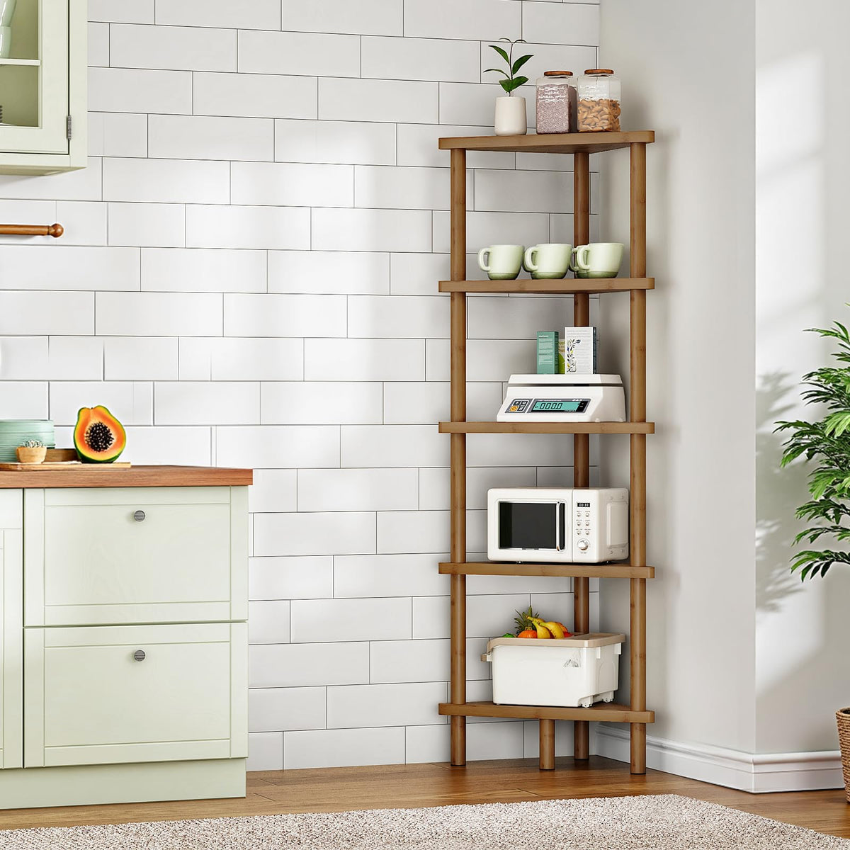HOOBRO Corner Shelf Stand, 5-Tier Bamboo Corner Bookshelf, Plant Display Shelf, Corner Bookcase, Multipurpose Shelving Unit for Small Space, Living Room, Easy Assembly, Mocha MA20CJ01