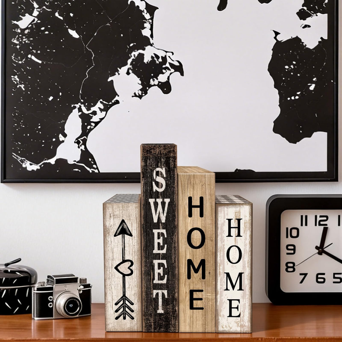 Lineshading 4 Pcs Farmhouse Table Decor Wooden Books Home Sweet Home Tiered Tray Decor Rustic Wood Block Sign Housewarming Gifts Neutral Centerpiece Farmhouse Stacked Decoration for Shelf Mantle
