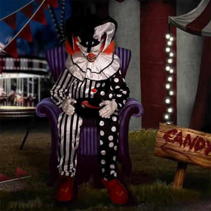 Haunted Hill Farm Hartley The Sitting Scare Clown by Tekky, Motion-Activated Talking Jump-Scare Halloween Animatronic for Halloween Party Prank Decoration, Plug-in or Battery Operated Halloween Props