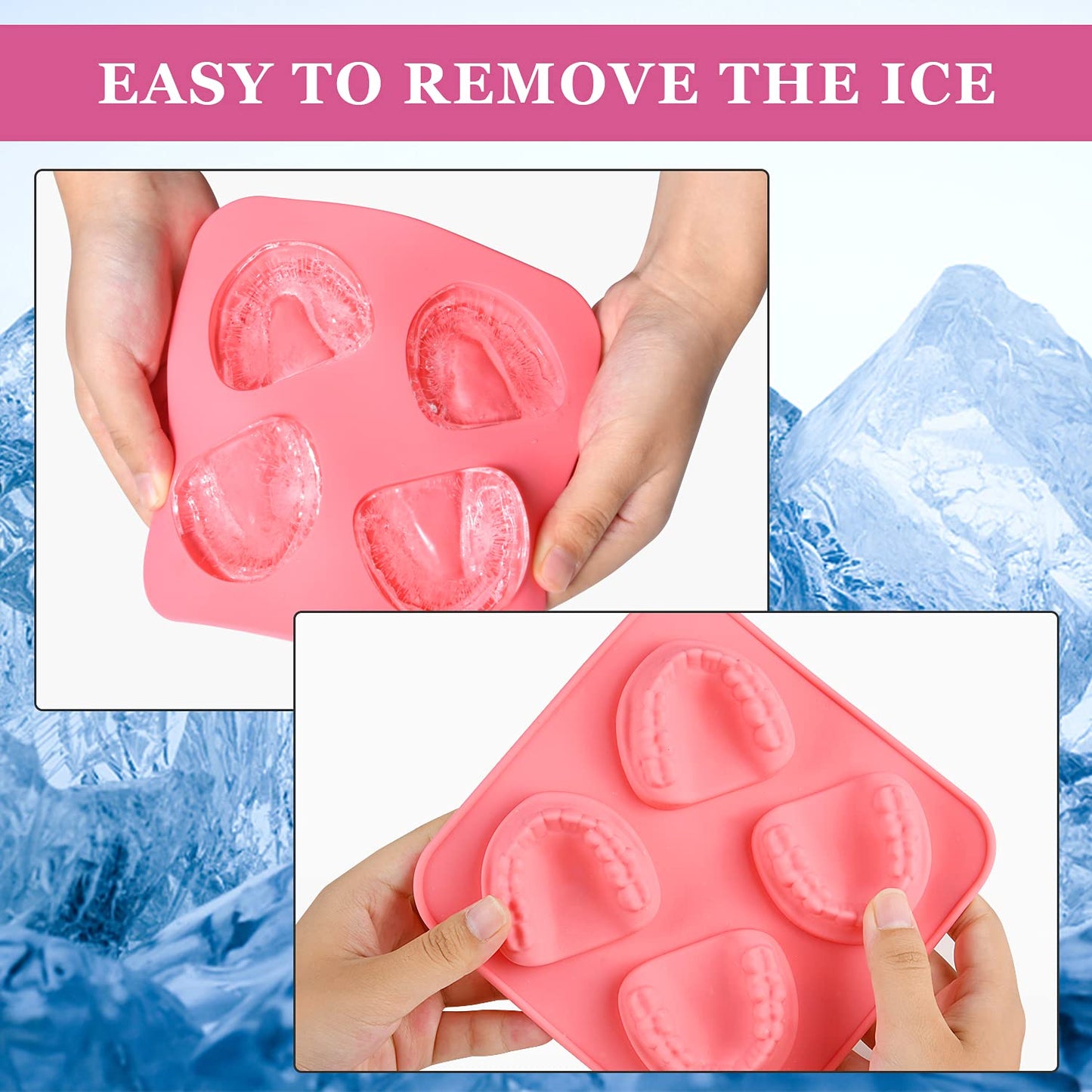 Milkary 4 Pack Ice Cube Trays, Teeth Silicone Ice Mold Denture, Large Reusable Ice Trays Funny Gag Gift for Dentist Party Favor on April Fool's Day Father’s Day Halloween- BPA Free