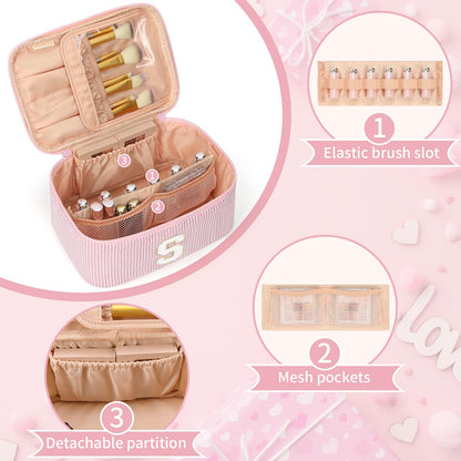 OCHEAL Makeup Bag for Women, Monogram Cosmetic Bag Pink Travel Makeup Case Beauty Toiletry Bag Organizer Personalized Gifts for Girls Bridesmaid, Sister, Wife, Friends Initial S
