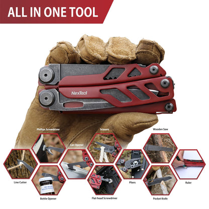NexTool Flagship Pro, Multi Tool, Multitool Pliers with Big Folding Scissors, Replaceable Wire Cutters and Safety Locking, Multi Tool Pocket Knife, Survival Tools with Glass Breaker, Gifts for Men-Red