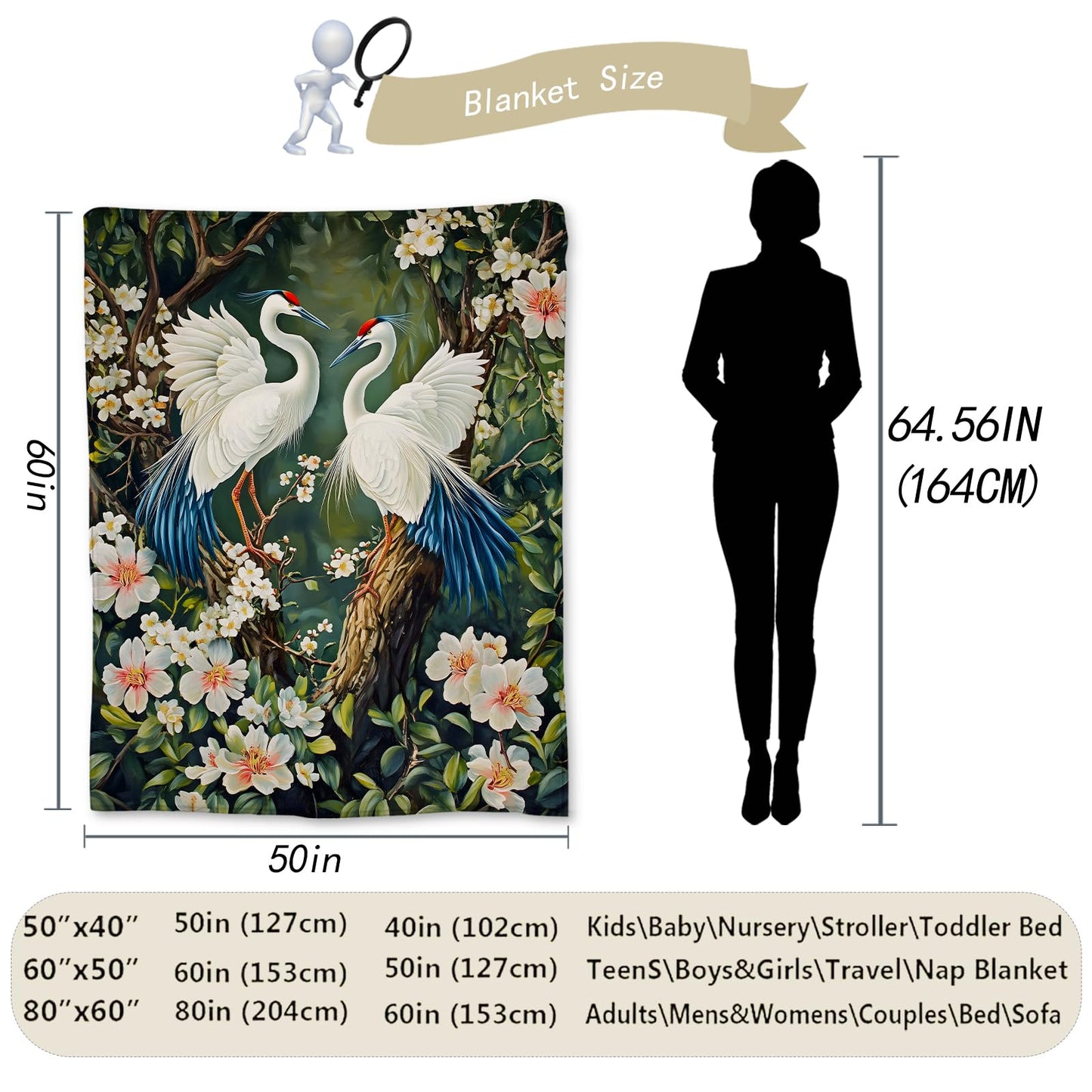 Ti Caldi Red-Crowned Crane & Lush Flowers Blanket, Soft Cozy Flannel Throw Blanket for Adults Kids Women Men, Lightweight Warm Fuzzy Blankets for Bed, Couch, Travel & Home Decor 60×50 in