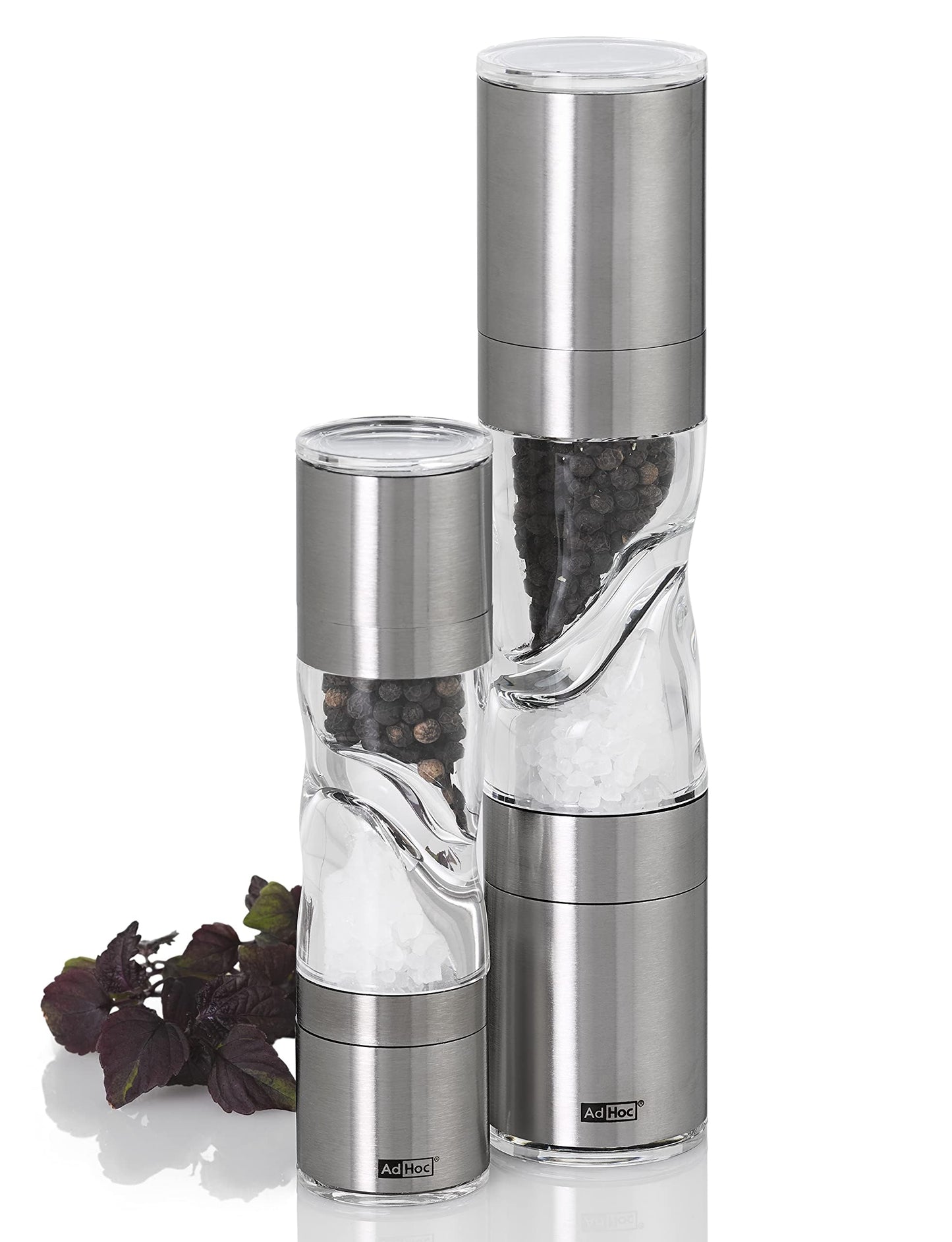 AdHoc Mini Duo Salt and Pepper Mill - Salt & Pepper Grinders with Ultra-Sharp Grinding Mechanisms - Refillable Mills & Spice Shakers with Adjustable Grinding - Stainless Steel/Acrylic