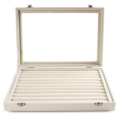 Frebeauty Rings/Earrings Organizer Tray with Clear Lid 10 Slots Velvet Drawer Insert Jewelry Storage box with Glass lid Jewelry Display Case Showcase Gift for Girls Women (Beige, 10 Slots)