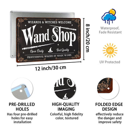 Wand Shop Wizards & Witches Welcome Halloween Metal Tin Sign Wall Art for Farmhouse Home Cafes Haunted House Halloween Holiday Party Decor 8x12 Inch