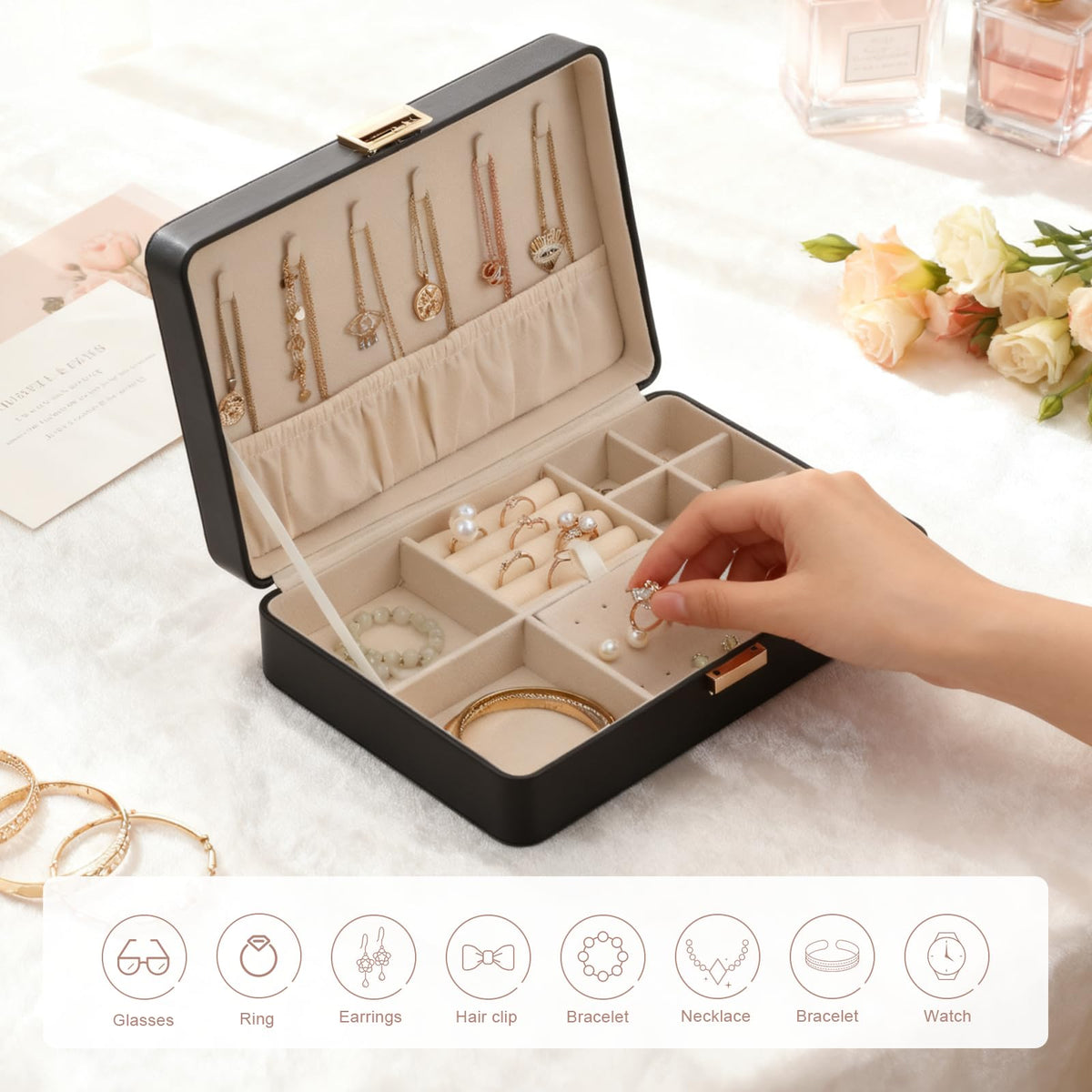 V-LAFUYLIFE Jewelry Box Travel Jewelry Organizer Case for Women | Portable Storage for Earrings, Necklaces, Rings, Bracelets Gift Ready Box Black