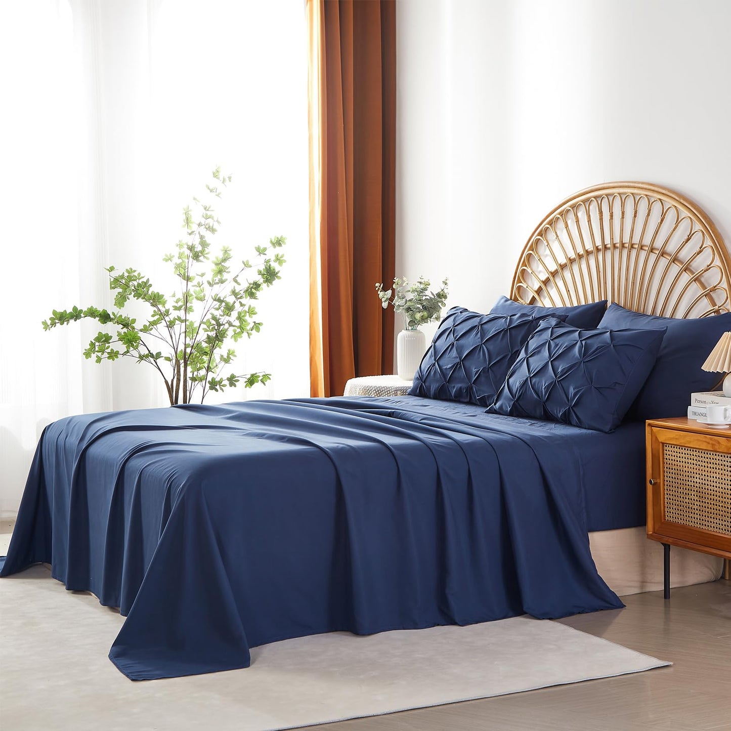 AiMay 6PC Sheet Pillowcase Set Deep Pocket Double Brushed Microfiber Soft Durable Solid Color Wrinkle Free 1 Flat Sheet 1 Fitted Sheet 2 Pillowcases 2 Pinch Plated Pillowcases(Navy Blue, Queen)