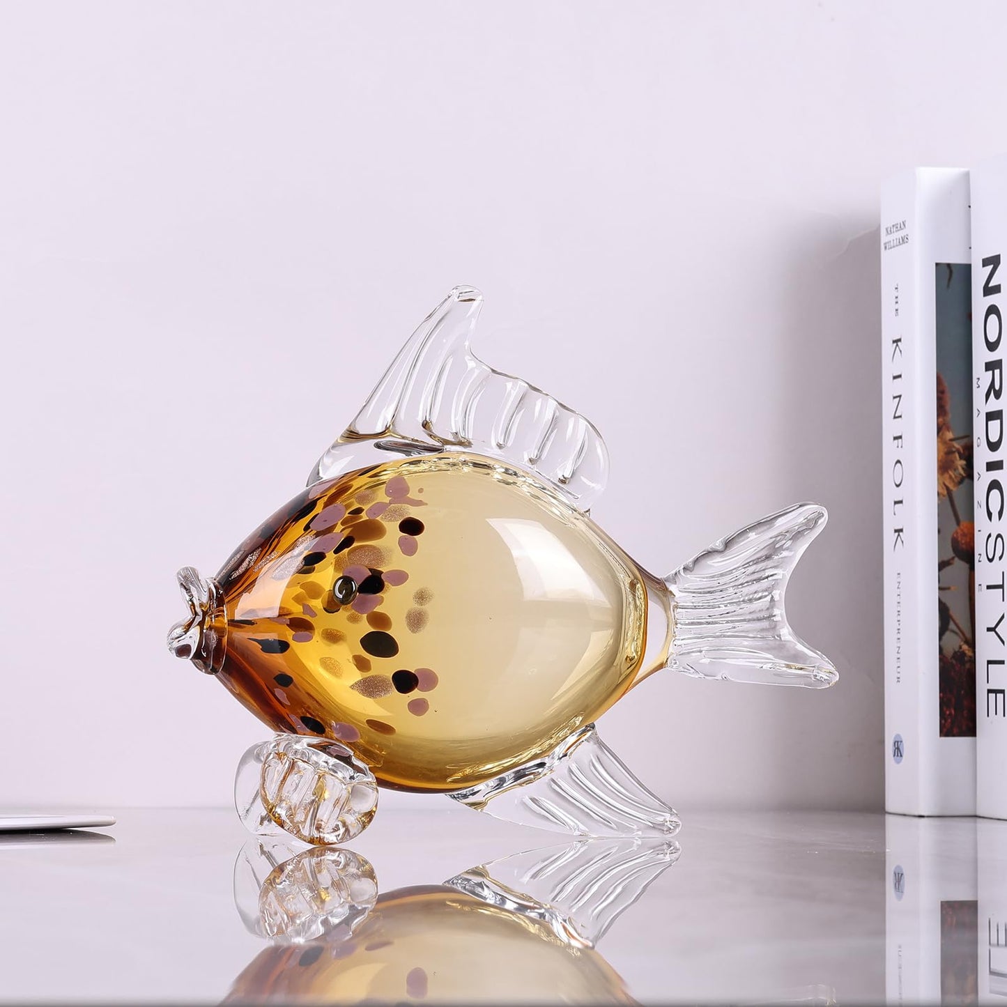 LINYTHER Large Glass Fish Figurine for Home Decor, Hand Blown Art Glass Ocean Animal Statue, Decorative Coastal and Beach Themed Sculpture for Table, Shelf, Bathroom, Living Room or Office