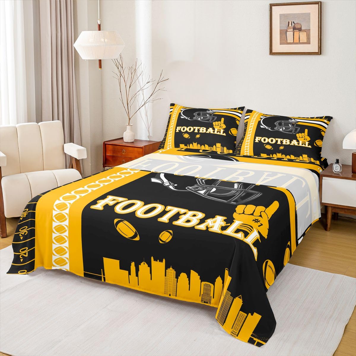 Feelyou Football Bed Sheets Set Boys Girls Full Size Rugby Sports Bedding Set Football City Fitted Sheet with 16 Inch Deep Pockets