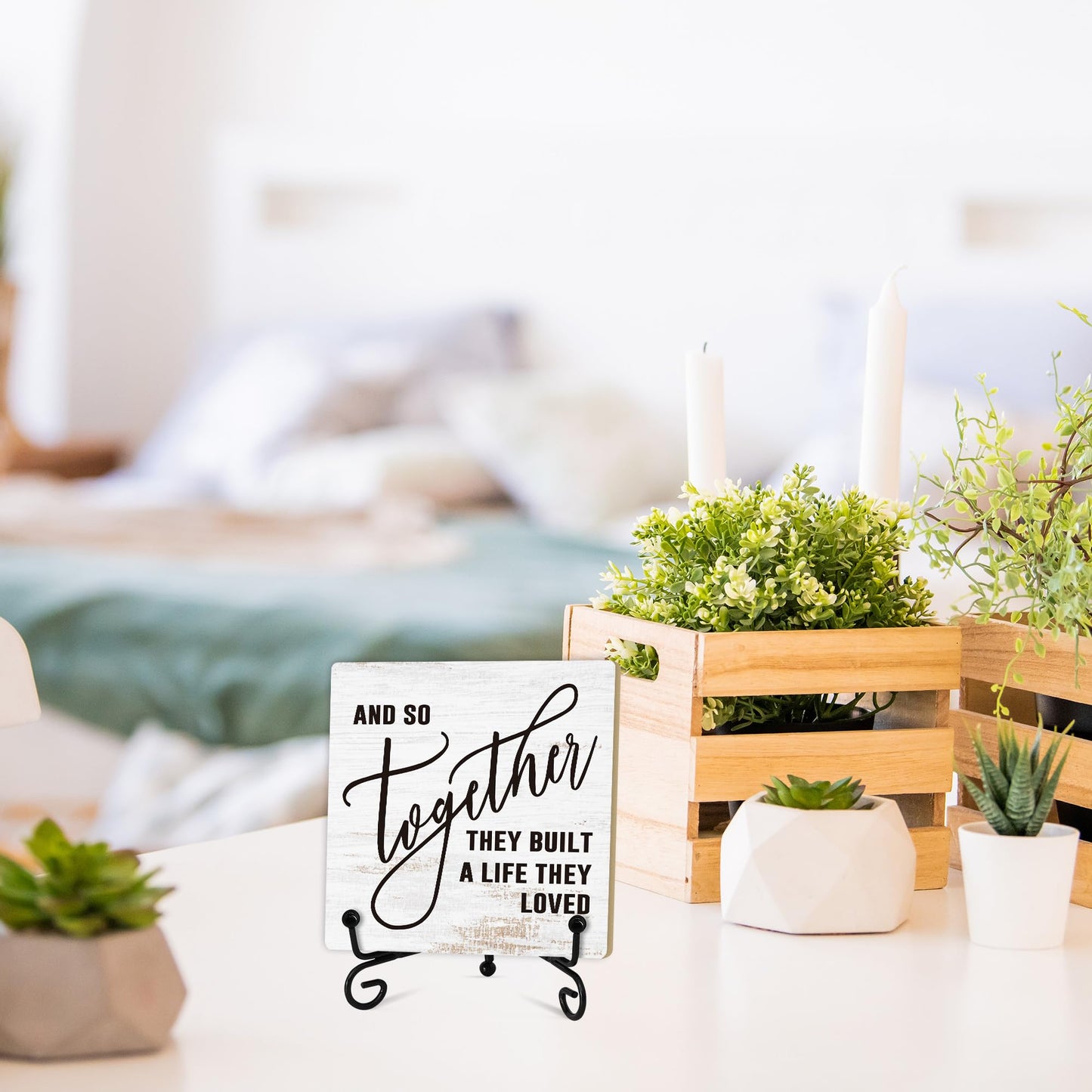 Home Desk Decor Sign, Rustic Wooden Sign With Stand, And So Together They Built A Life They Loved Sign For Farmhouse Home Living Room Bedroom Shelf Table, Family Friend Coworker -D14