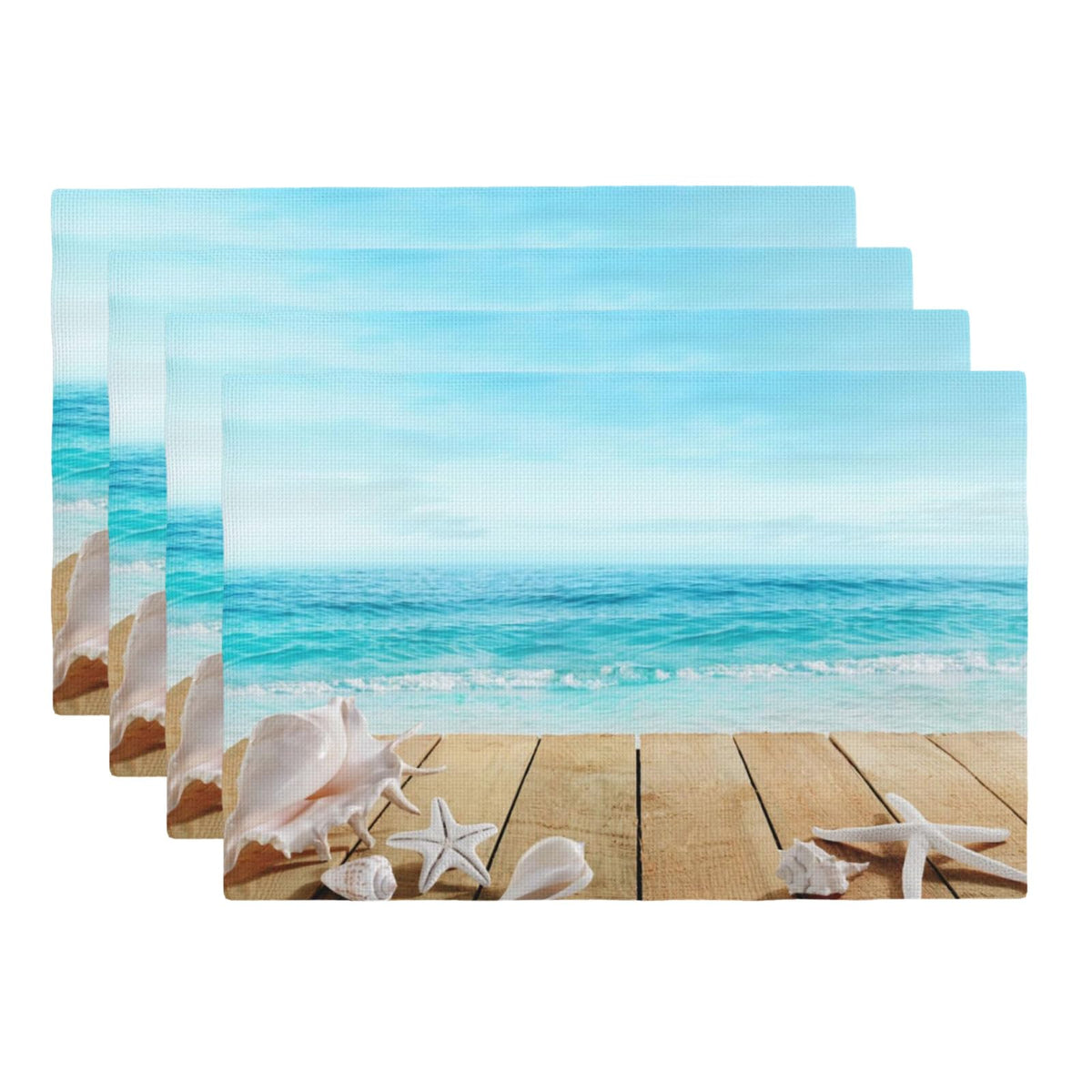 Seashells Placemats Set of 4 Wooden Boardwald Sunshine Vacations Beach Theme Reusable Linen Table Mats Wipeable Rectangle Place Mats for Home Kitchen Dining Decoration 12x18 Inch