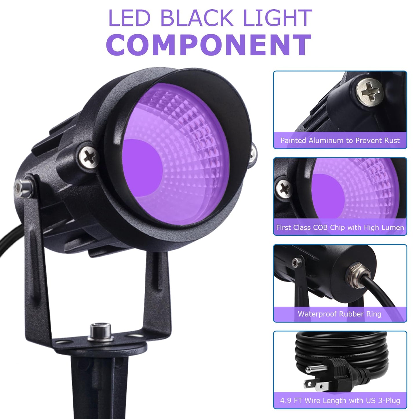 SUNVIE Outdoor Black Light Halloween Spotlight, 12W Purple LEDs, Waterproof, US Plug, 90 Degree Beam, Ideal for Parties, Clubs, Bars, Gyms, Decoration, 2 Pack