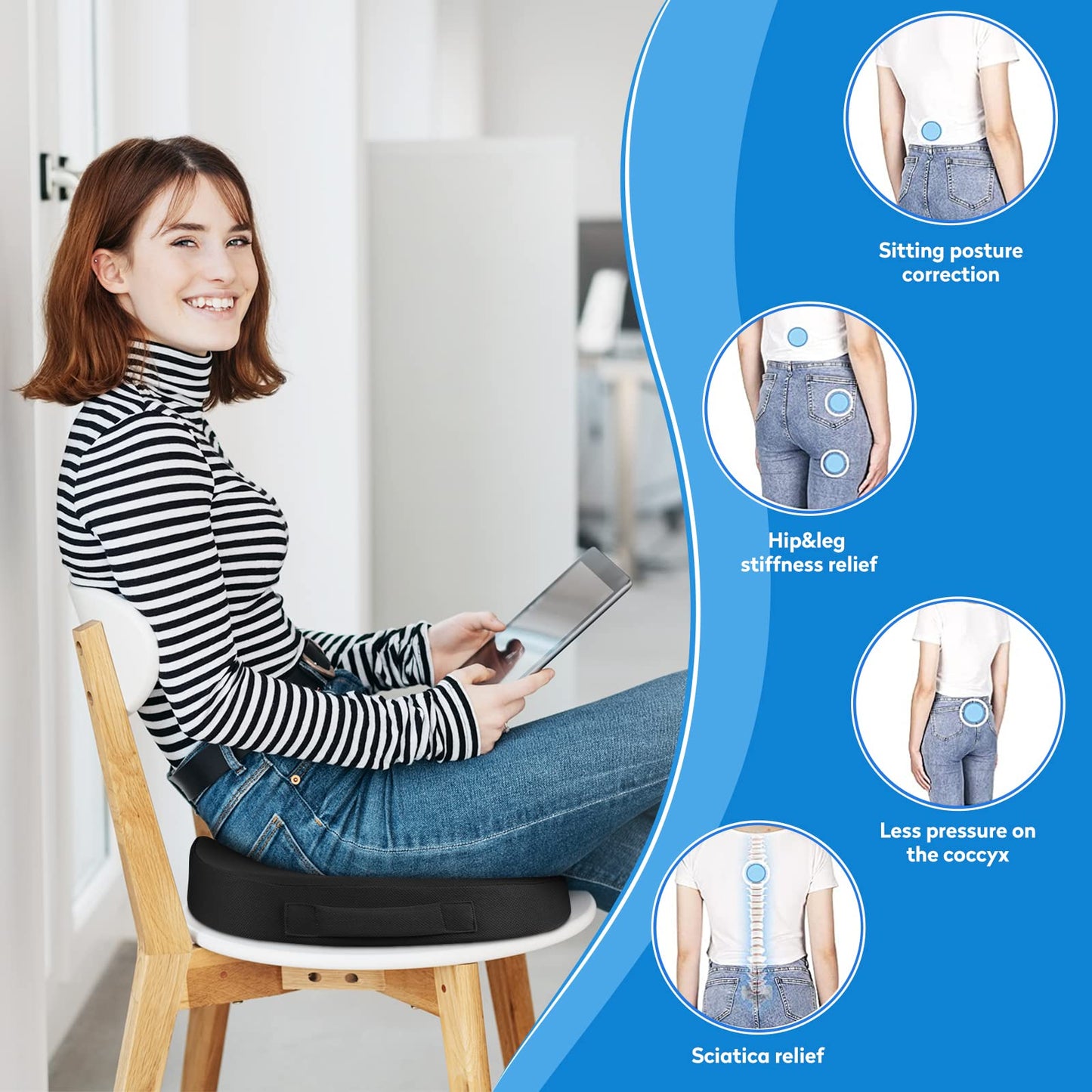 Ergonomic Memory Foam Seat Cushion with Non-Slip Base - Office Chair, Car, Airplane, Wheelchair & Bleacher Support - Pressure Relief for Back, Tailbone & Sciatica (Black)