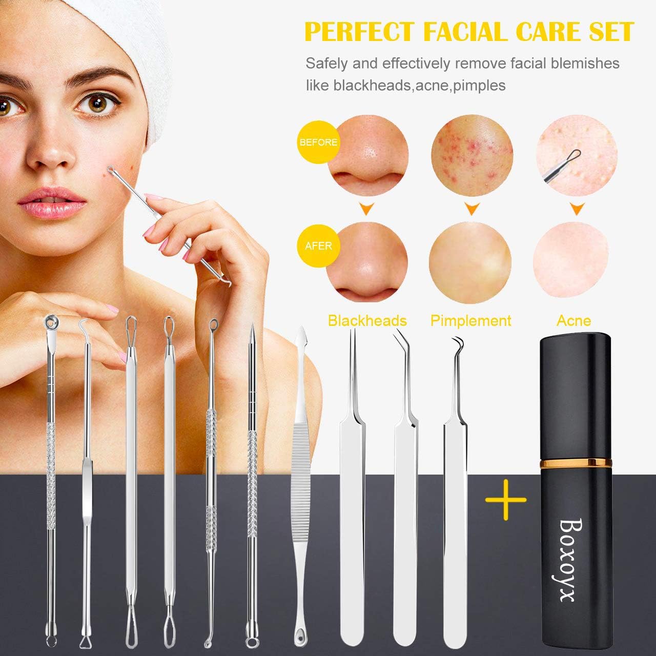 Pimple Popper Tool Kit - Boxoyx 10 Pcs Blackhead Remover Comedone Extractor Kit with Metal Case for Quick and Easy Removal of Pimples, Blackheads, Zit Removing, Forehead,Facial and Nose(Silver)