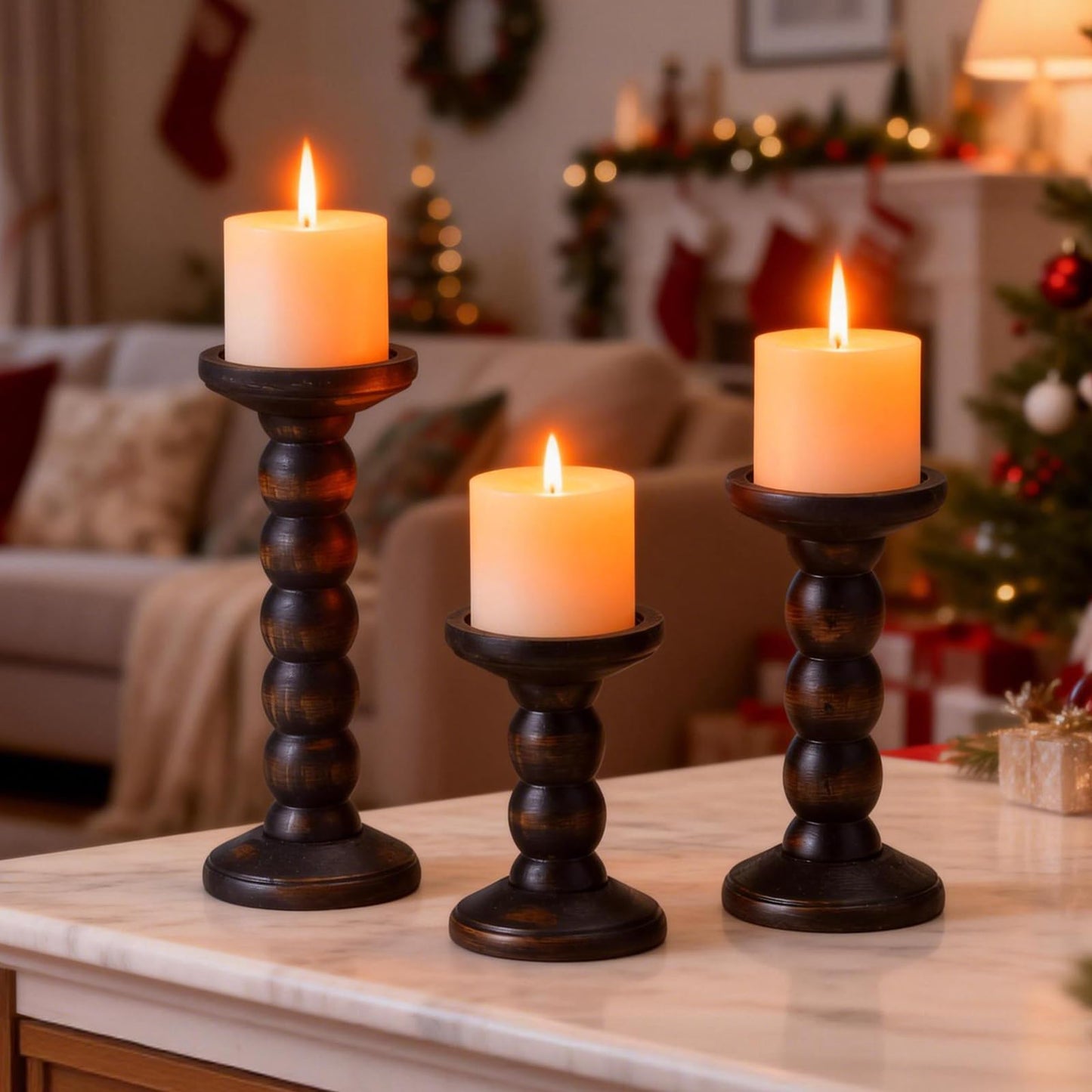 HuiDao Solid Wood Candle Holder, 3Pcs Rustic Black Candle Holders for Pillar Candles, Decorative Candle Holders Distressed Wooden Farmhouse Candle Holder Large for Fireplace Table