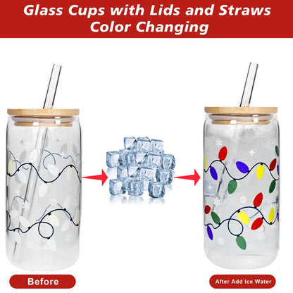 Mason Life Color Changing Christmas Cup, Cute Glass Cups with Lids and Straws, 18oz Iced Coffee Cup, Drinking Glasses Reusable Travel Coffee Mug, Valentines Day, Birthday Gift for Her- 1 Pack